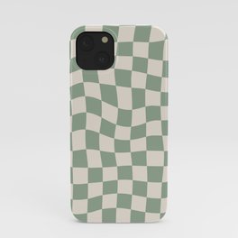 Sage Green Wavy Checkered Pattern iPhone Case | Funky, 60S, Minimalist, Modern, Trendy, Abstract, Checks, Wrapped, Sage Green, Geometric 