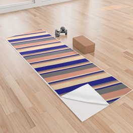 [ Thumbnail: Dim Gray, Dark Salmon, Tan & Blue Colored Lined/Striped Pattern Yoga Towel ]