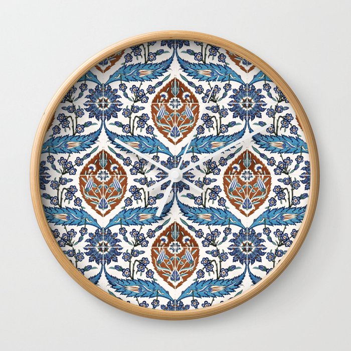 Iznik Tile Pattern Blue White Brown Wall Clock By Goldenredeagle