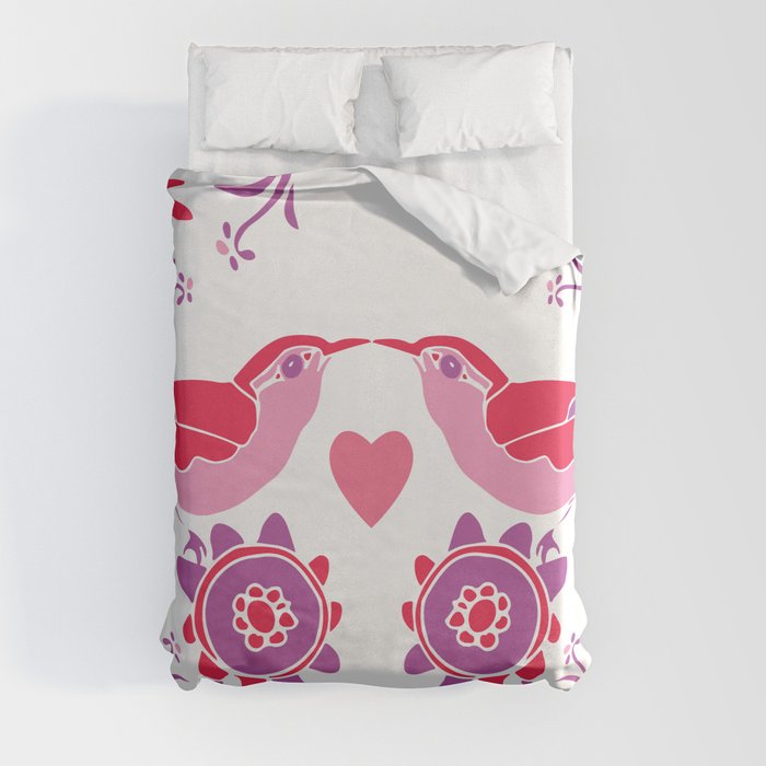 Kissing Birds with Hearts, Valentine's Day Pink and Red Duvet Cover