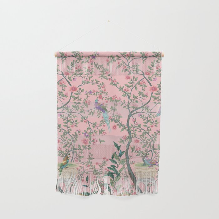 Chinoiserie Pink Fresco Floral Garden Birds Oriental Botanical Wall Hanging