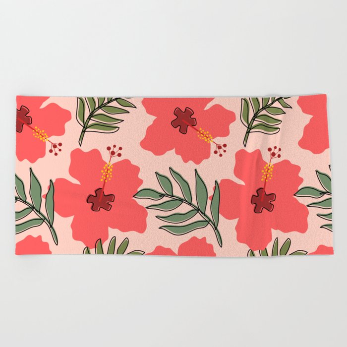 Tropical Hibiscus and Leaves  Beach Towel