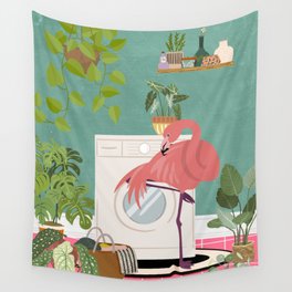 Flamingo in Boho Laundry Room  Wall Tapestry