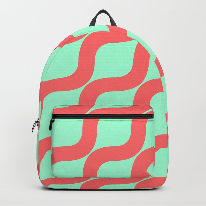 Midcentury Colorful  Geometric Curved lines pattern - Magic Mint and Red Backpack
