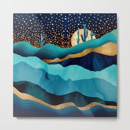 Indigo Desert Night Metal Print | Hills, Gold, Moon, Landscape, Cactus, Navy, Nature, Contemporary, Indigo, Abstract 
