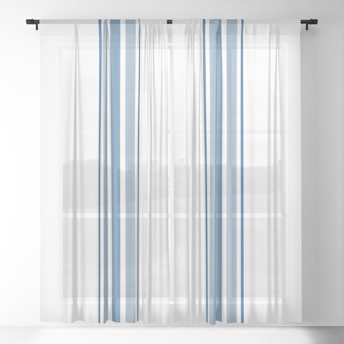 Farmhouse Blue Ticking Stripes on White Sheer Curtain