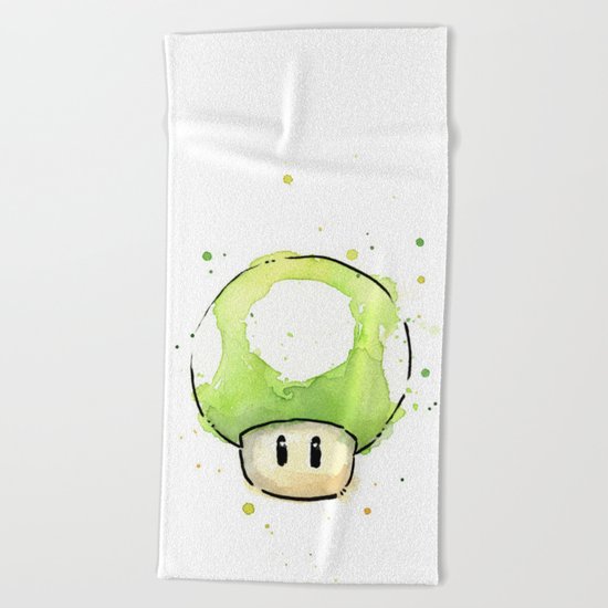 1UP Green Mushroom Painting Mario Gaming Geek Videogame Art Beach Towel