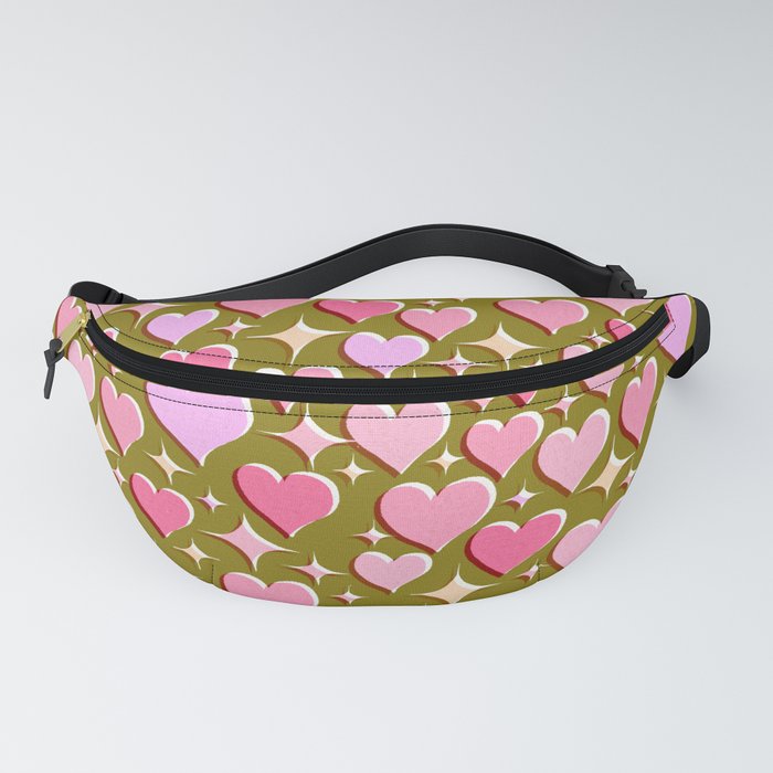 Midcentury Retro Hearts and Stars - Olive Pink Fanny Pack