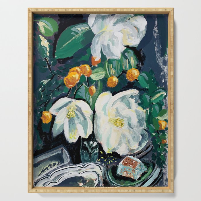 Magnolia and Persimmon Floral Still Life Serving Tray