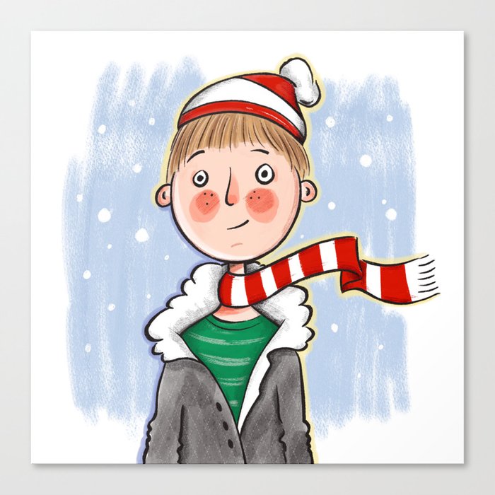 Winter Wally - Boy with Red Striped Scarf and Hat Canvas Print