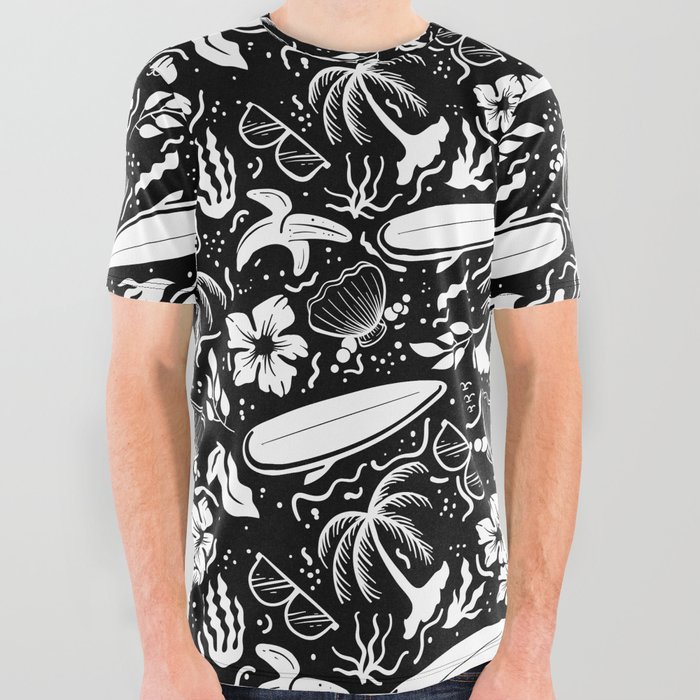 Black and White Surfing Summer Beach Objects Seamless Pattern  All Over Graphic Tee