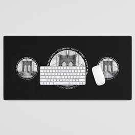 Brooklyn Bridge New York City (black and white badge style on black) Desk Mat