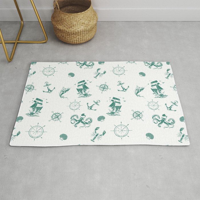 Green Blue Silhouettes Of Vintage Nautical Pattern Rug