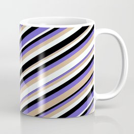 [ Thumbnail: Black, Slate Blue, Tan, and Mint Cream Colored Stripes Pattern Coffee Mug ]