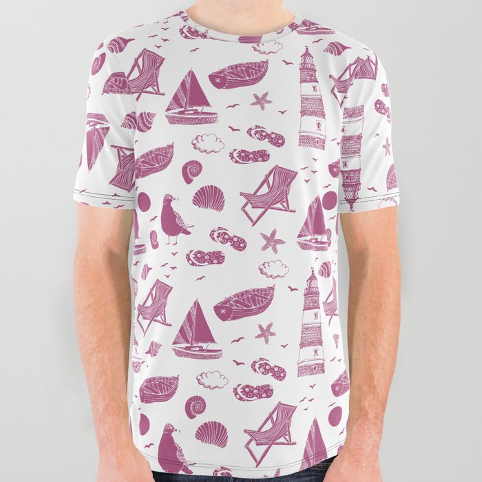 Magenta Summer Beach Elements Pattern All Over Graphic Tee