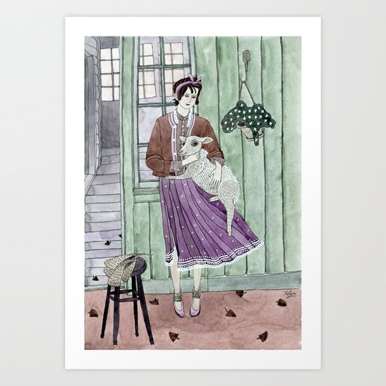 Girl with a sheep Art Print