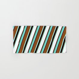 [ Thumbnail: Brown, Turquoise, White, and Black Colored Lines/Stripes Pattern Hand & Bath Towel ]