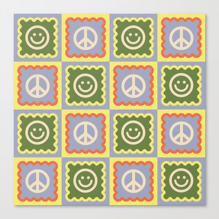 Funky Checkered Smileys and Peace Symbol Pattern \\ Multicolor Canvas Print