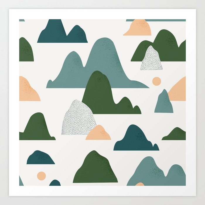 Colorful landscape with mountains and lakes. Print for home decor scandinavian graphic pattern. Art Print