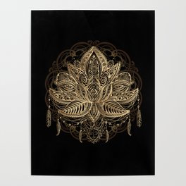 Lotus Black & Gold Poster | Boho, Sacredgeometry, Feathers, Magic, Indian, Ethnic, Ornamental, Tatoo, Black, Yoga 
