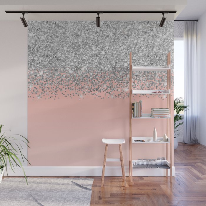 Girly Chic Silver Confetti Pink Gradient Ombre Wall Mural