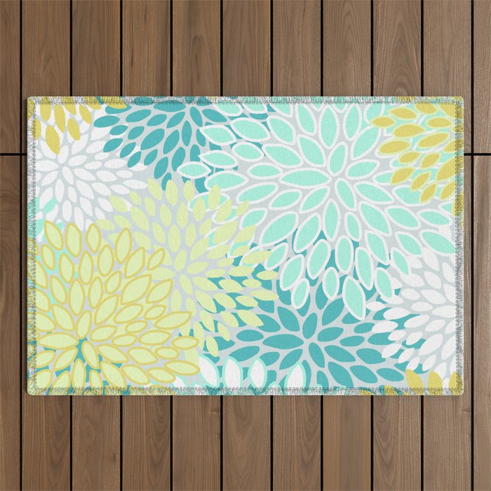 Floral Prints, Teal, Turquoise and Yellow Outdoor Rug
