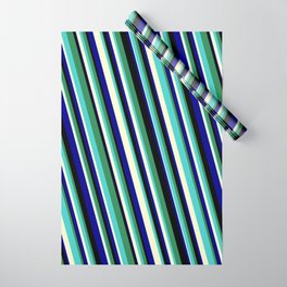 [ Thumbnail: Eyecatching Sea Green, Turquoise, Light Yellow, Dark Blue, and Black Colored Stripes/Lines Pattern Wrapping Paper ]
