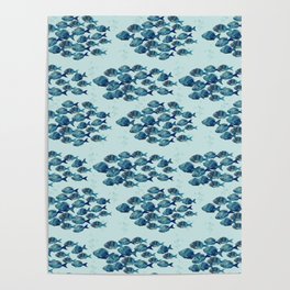 seamless pattern of schools of fish in blue with gray colors Poster