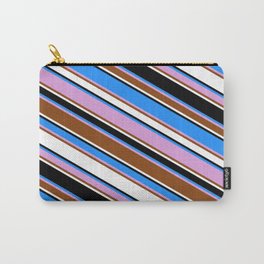 [ Thumbnail: Blue, Plum, Brown, White & Black Colored Lined/Striped Pattern Carry-All Pouch ]