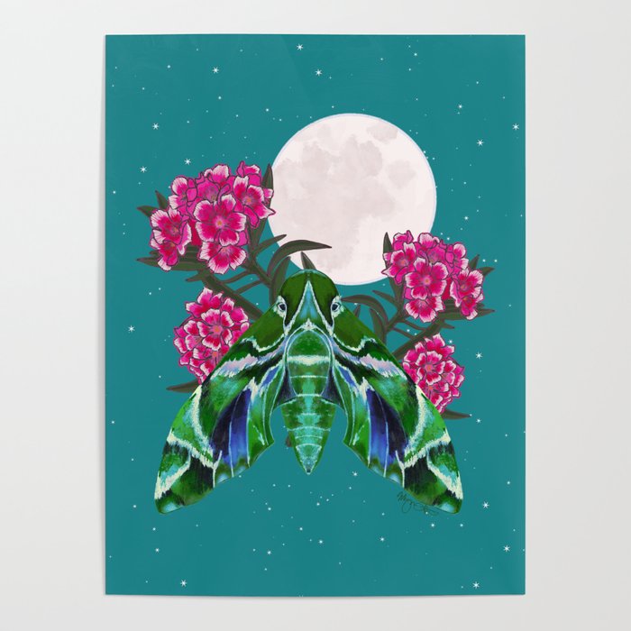 Oleander Hawk Moth in the Moonlight-- Teal Poster