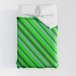 [ Thumbnail: Green, Aquamarine & Lime Colored Striped Pattern Duvet Cover ]