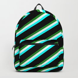 [ Thumbnail: Forest Green, Mint Cream, Cyan & Black Colored Striped Pattern Backpack ]