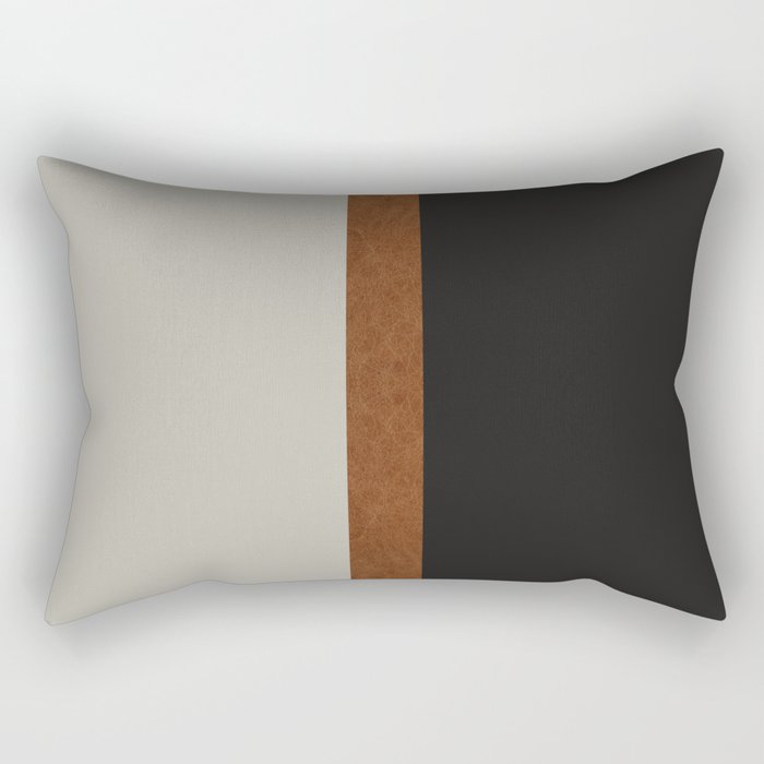 Scandinavian Modern Black Beige Leather Print Rectangular Pillow