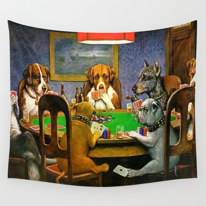 Dog playing top poker tapestry