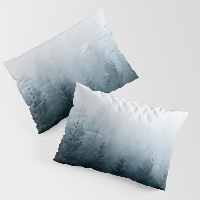 Step Into My Office // Wave Goodbye In A Misty Wilderness Fairytale Forest With Trees In Blue Fog Pillow Sham
