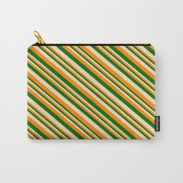 [ Thumbnail: Dark Orange, Dark Green & Bisque Colored Lines Pattern Carry-All Pouch ]