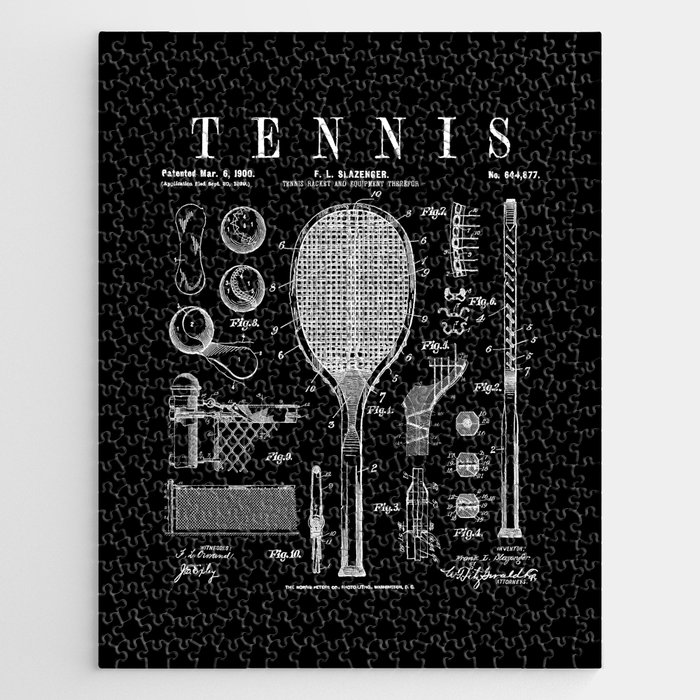 Tennis Racket And Ball Old Vintage Patent Drawing Print Jigsaw Puzzle