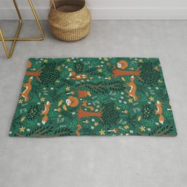 Foxes Playing in the Emerald Forest Area & Throw Rug