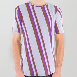 [ Thumbnail: Dark Orchid, Sienna & Lavender Colored Stripes Pattern All Over Graphic Tee ]