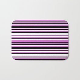 [ Thumbnail: Orchid, Black, and White Colored Striped/Lined Pattern Bath Mat ]