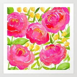 Hot Pink Peonies + Yellow Floral Buds - Watercolor Floral Print Art Print