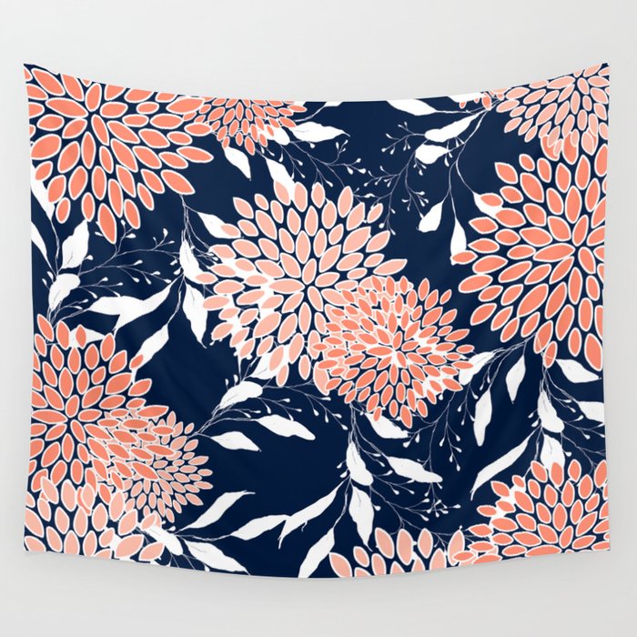 Floral Blooms and Leaves, Navy, Coral and White Wall Tapestry