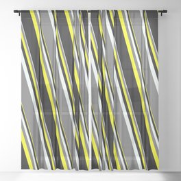 [ Thumbnail: Mint Cream, Dim Gray, Yellow, and Black Colored Stripes Pattern Sheer Curtain ]