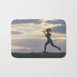 Running woman morning workout. Female Runner. Jogging during sunrise. Workout in a Park. Sporty Bath Mat | Sunrise, Background, Sportywoman, Fitness, Happy, Runningwoman, Womanmorning, Fit, Activity, Sunrisetraining 