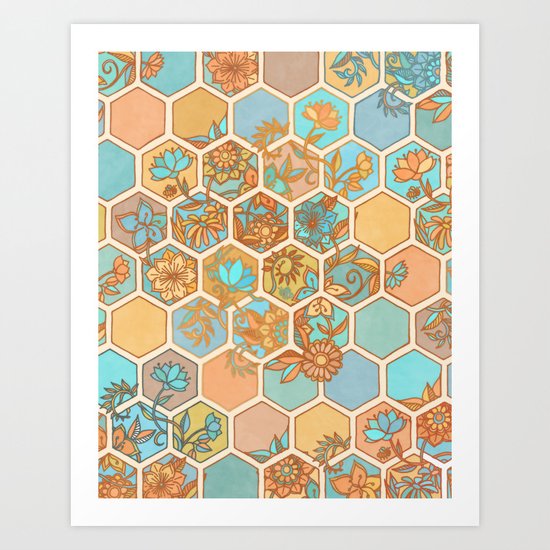 Golden Honeycomb Tangle - hexagon doodle in peach, blue, mint & cream Art Print