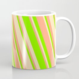 [ Thumbnail: Beige, Light Salmon & Chartreuse Colored Stripes Pattern Coffee Mug ]