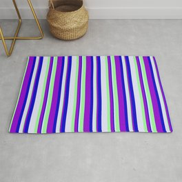 [ Thumbnail: Lavender, Green, Dark Violet, and Blue Colored Lined/Striped Pattern Rug ]