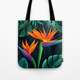 Bird of Paradise Vibrant Sunset-Colored Flowers + Tropical Palm Leaves Tote Bag