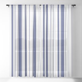 Minimalist Era - White & Indigo Blue Stripe Asymmetrical Sheer Curtain | Navy, Modern, Contemporary, Minimal, Digital, Stripe, Office, Home, Dorm, Pattern 