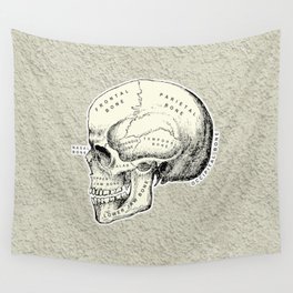 Old School Human Skull with Bones Names. Wall Tapestry
